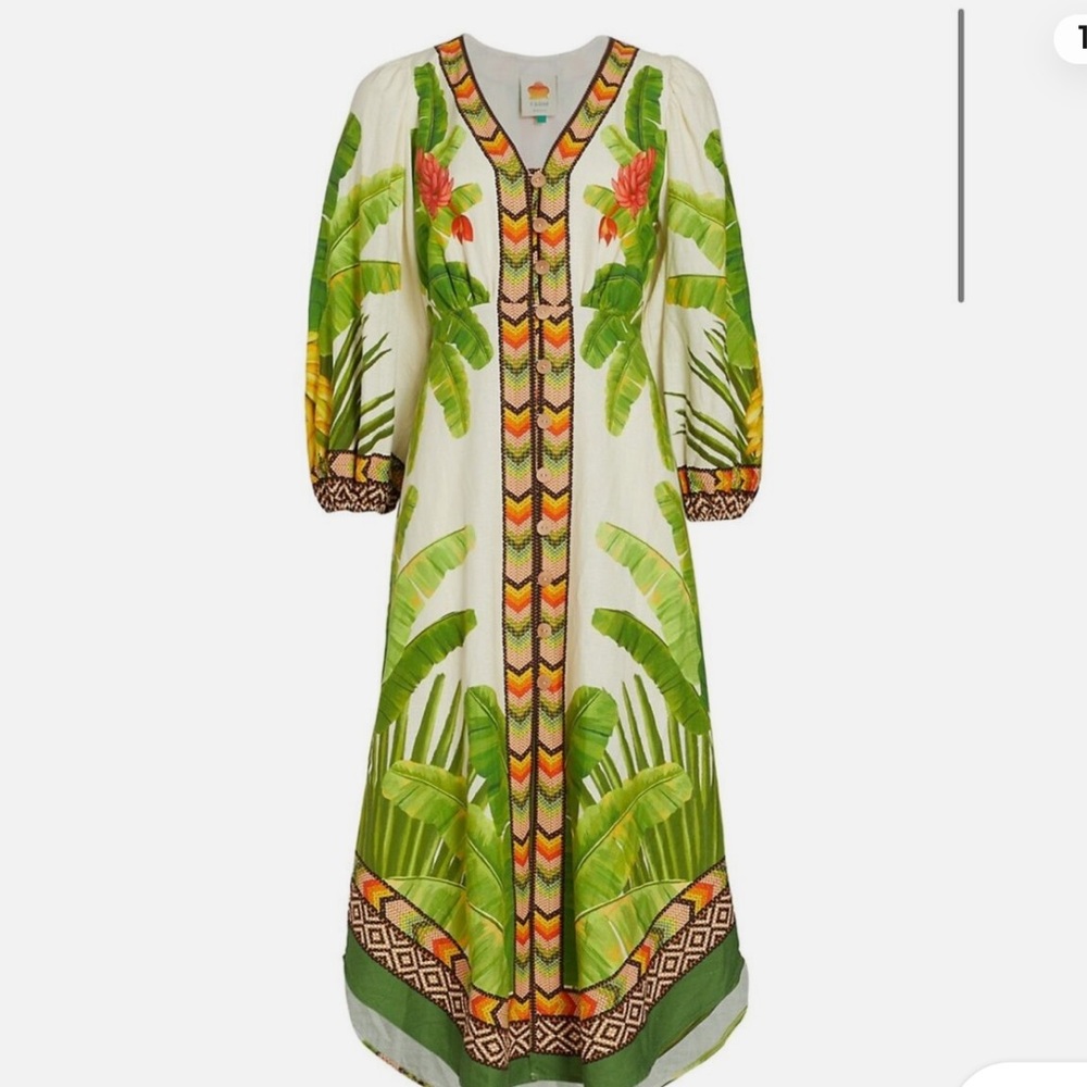 FARM Rio White Maxi Dress with Green Tropical Leaves and Yellow-Orange Trim